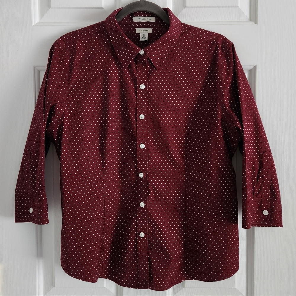 L.L. Bean Burgundy Polka Dot Heart Cotton Button Up Wrinkle Free Shirt